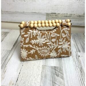 Haute Hippie Embroidered tan cork Floral clutch Bag with Wood Beaded Handle boho